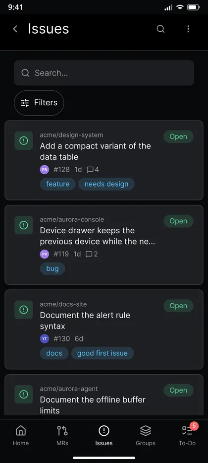 Issues list with search, filters and labels