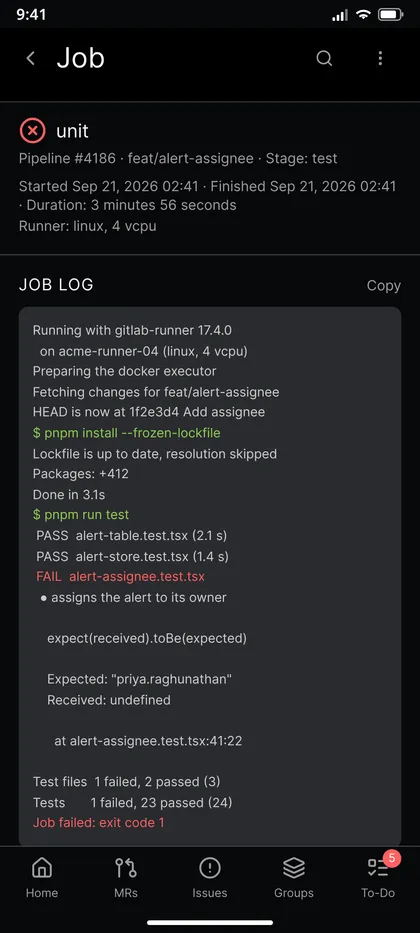 Job log of a failed unit test job
