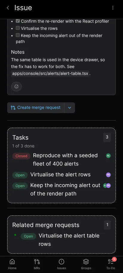 GitLab Tasks on Android: Child Tasks in the Issue Screen
