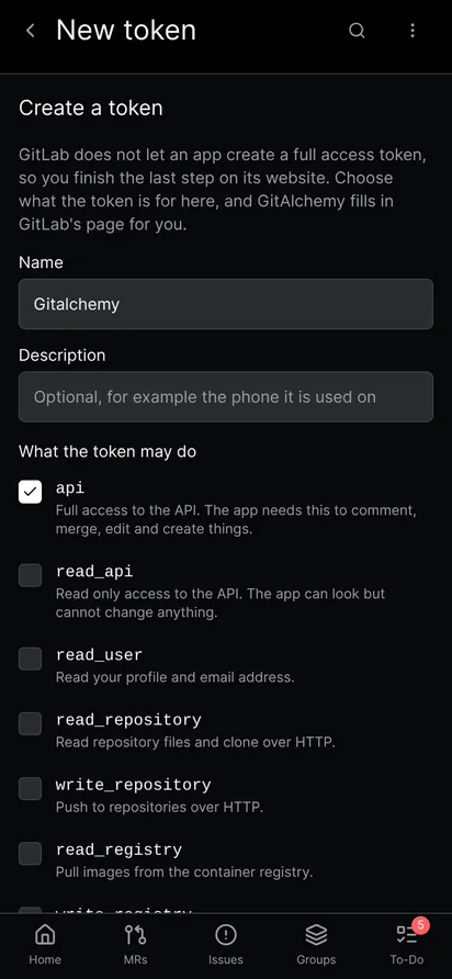 The create token form with a name field, a description field and a list of scopes starting with api