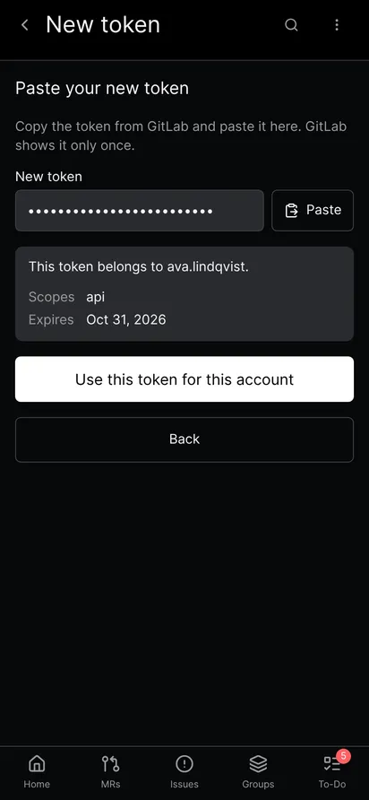 The check result of a pasted token, showing the user it belongs to, the api scope, the expiry date and a button to use it for this account