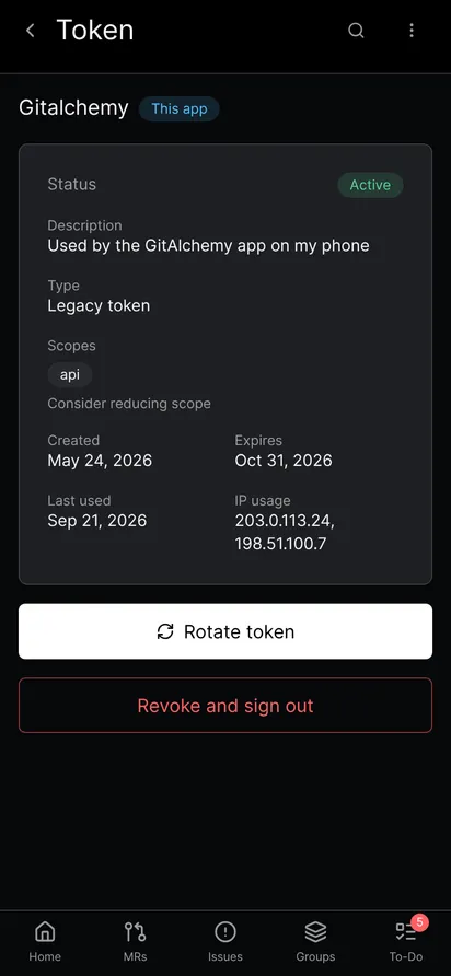 The detail screen of the token the app uses, with the This app badge, its api scope and the Rotate token and Revoke and sign out buttons