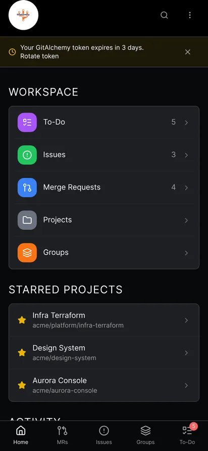 The Home screen with a banner saying Your GitAlchemy token expires in 3 days and a Rotate token action
