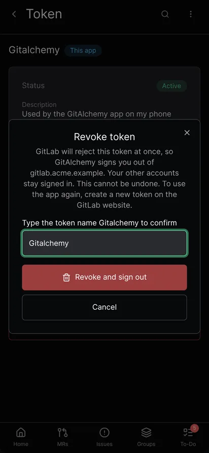 The revoke dialog for the token the app uses, with a field asking to type the token name and a Revoke and sign out button