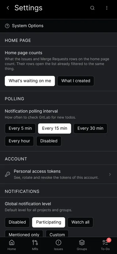 The Settings screen with an Account section and a Personal access tokens row