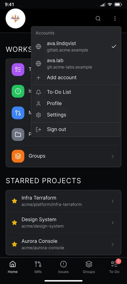 The GitAlchemy three dots menu open on the Accounts list, with a tick on the active account and Add account as the last entry