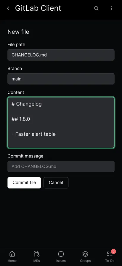 The new file screen with the path CHANGELOG.md, the branch main and the first entry typed