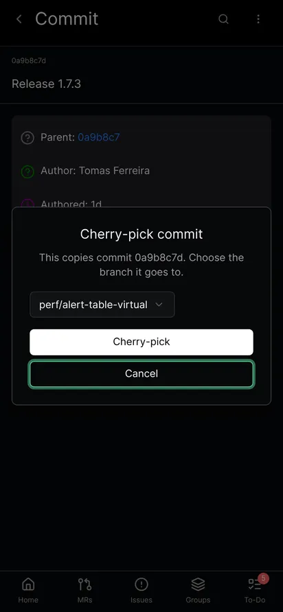 The cherry-pick dialog with a branch chosen and Cherry-pick and Cancel buttons