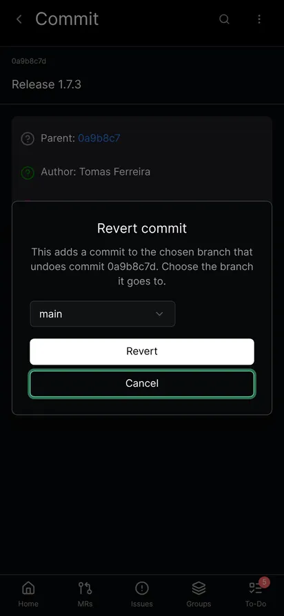 The revert dialog on a commit, asking for the target branch with Revert and Cancel buttons