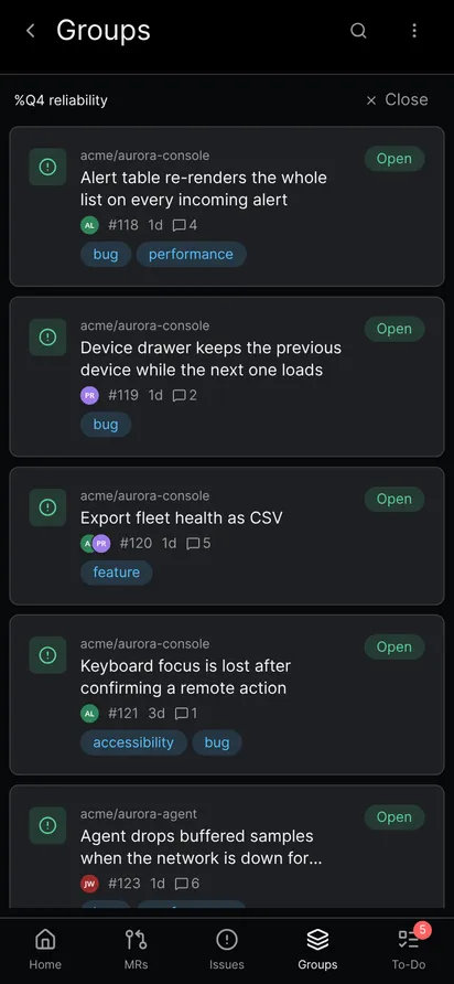 The issues of a group milestone shown inside the app