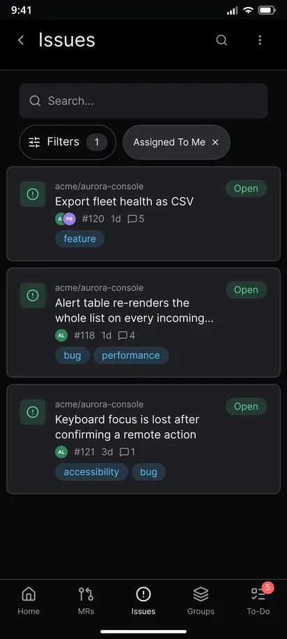 The issues list filtered to the issues assigned to you