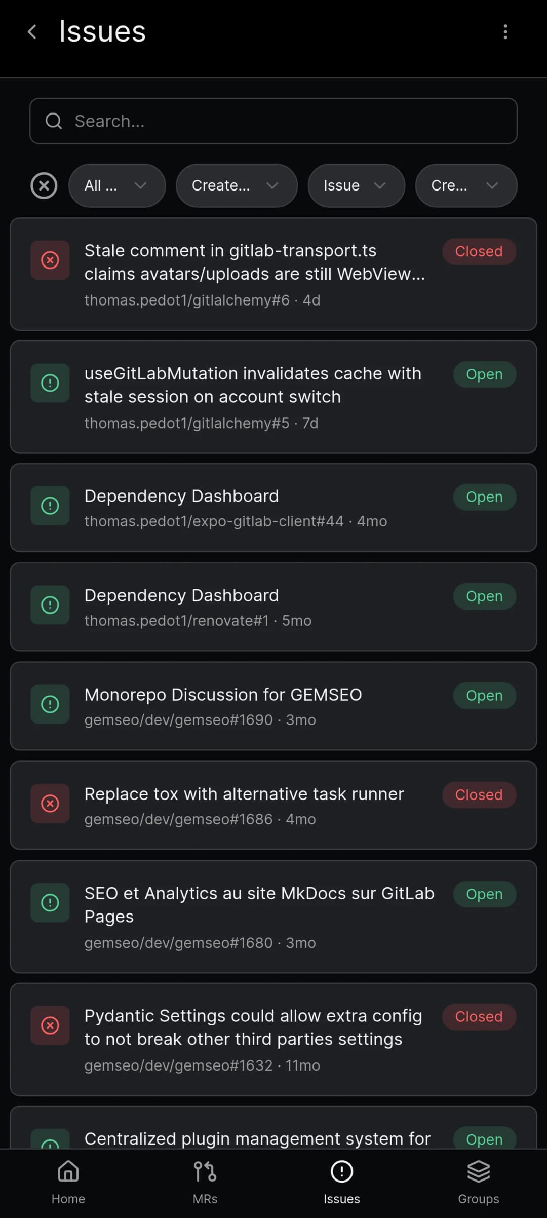 Issue list in an open source GitLab client for Android