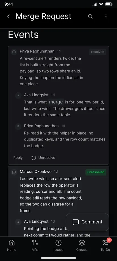 Review threads with resolved and unresolved discussions