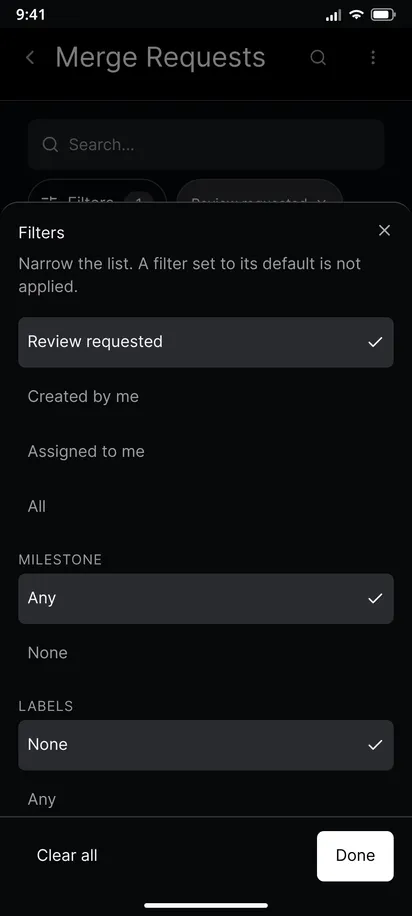 The merge request filter sheet with Review requested chosen
