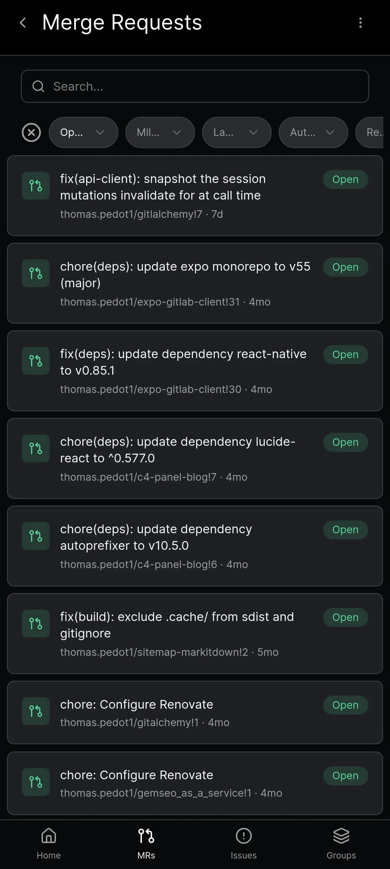 Merge request list in GitAlchemy, a GitLab client for Android