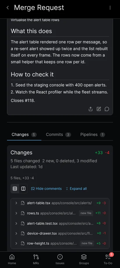 A merge request in Gitalchemy with the Changes, Commits and Pipelines tab row visible