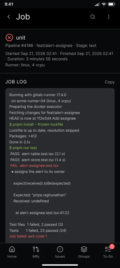 The log of one pipeline job shown as scrollable text on a phone screen