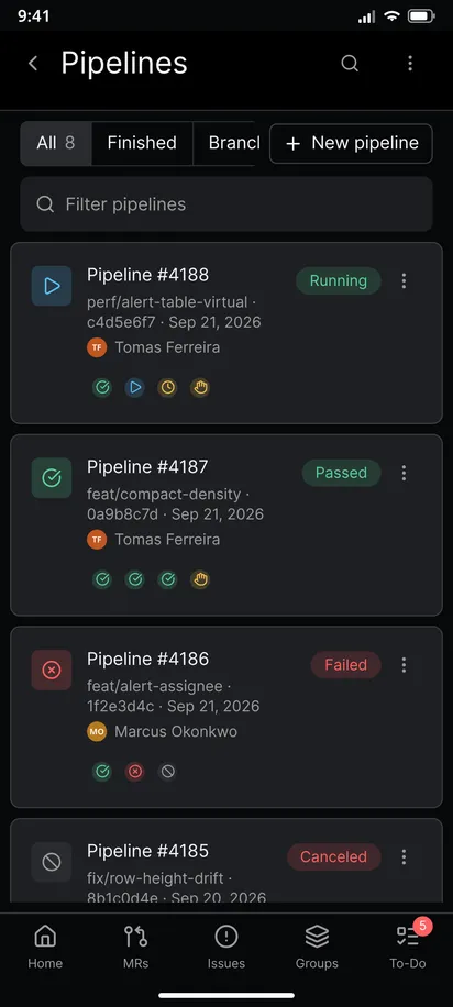 The pipelines list of a project with pipeline numbers, branches and the Running, Passed, Failed and Canceled statuses