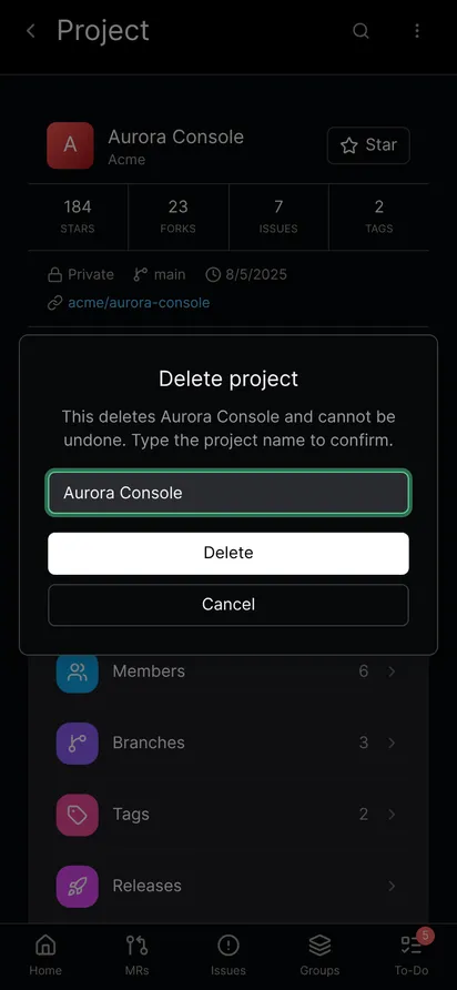 The delete project dialog with the project name typed and the Delete button enabled