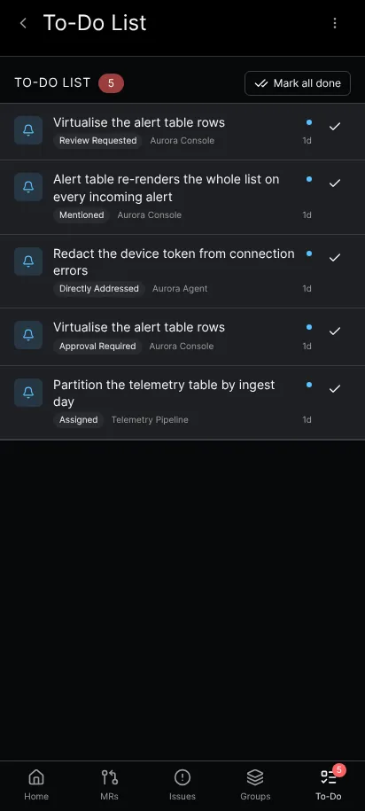 The To-Do List screen in Gitalchemy, with the pending count, a Mark all done button and one row per GitLab to-do