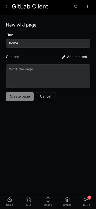 The new wiki page screen with the title home and an Add content button